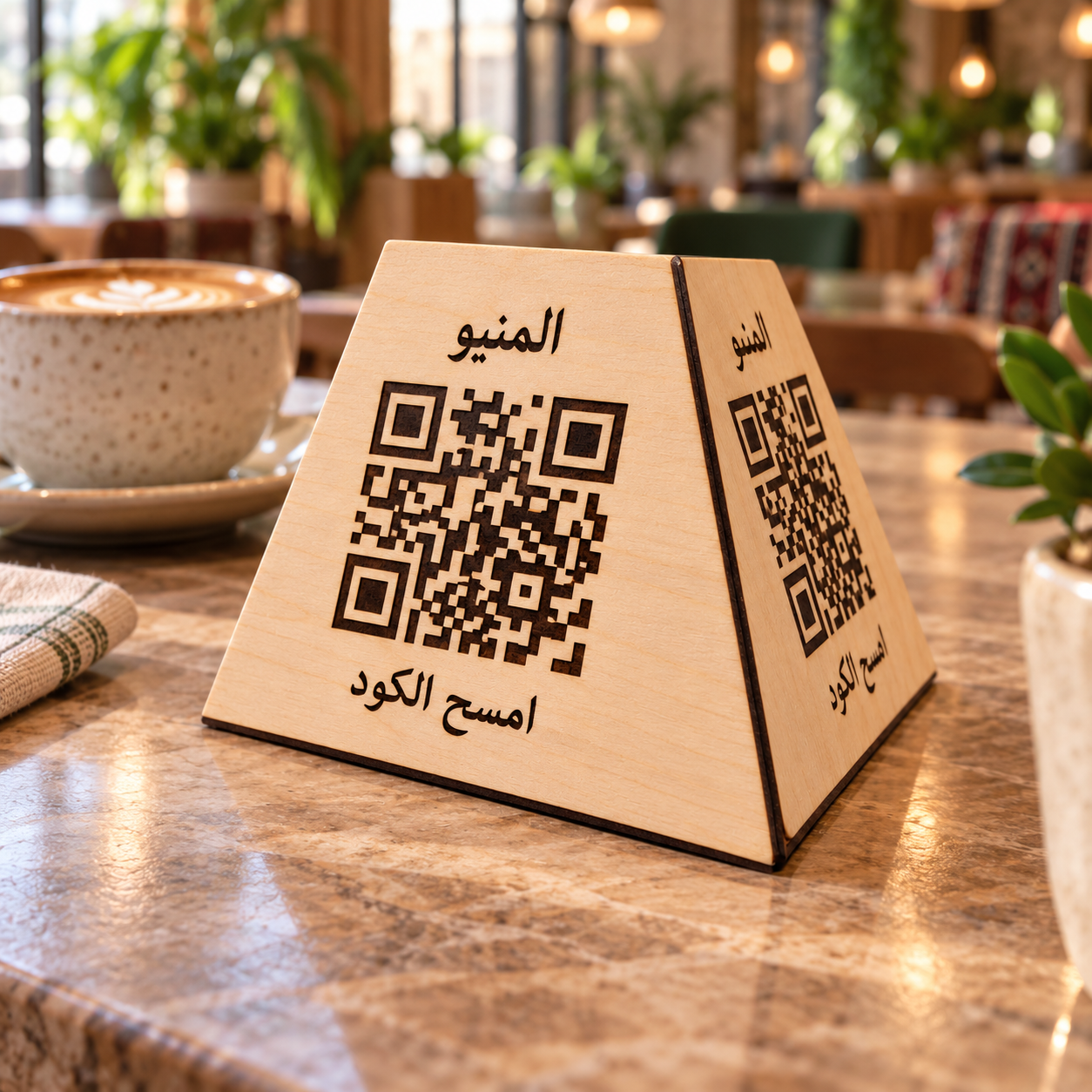 ستاند منيو خشبي مثلث بوجهين QR للمطاعم والكافيهات بشعارك