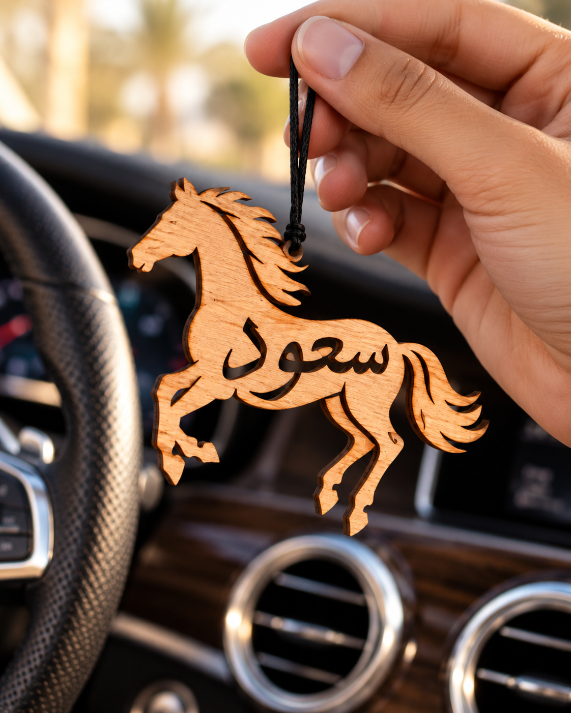 تعليقة سيارة خشبية بشكل حصان باسم سعود