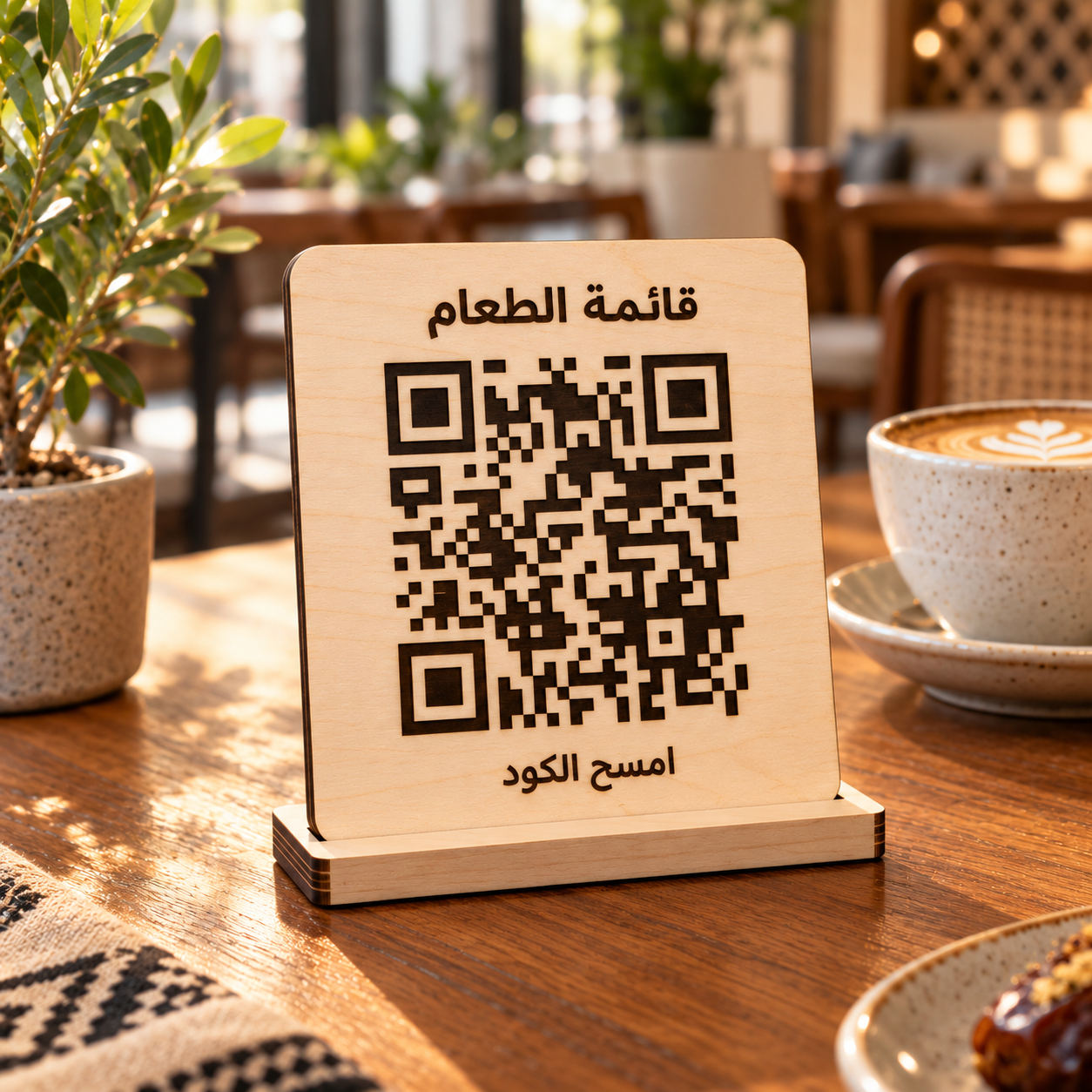 ستاند منيو باركود خشبي بقاعدة للمطاعم والكافيهات بشعارك