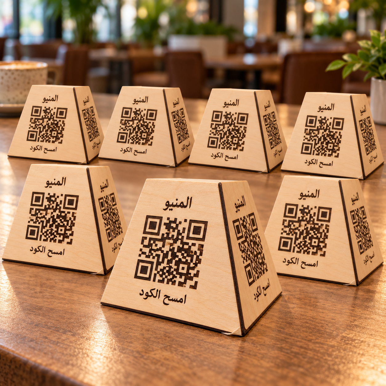 ستاند منيو خشبي مثلث بوجهين QR للمطاعم والكافيهات بشعارك