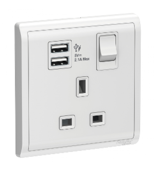 مقبس كهربائي 13A مع USB بتيار 2.1A Schneider Electric E8215USB_WE، 13A